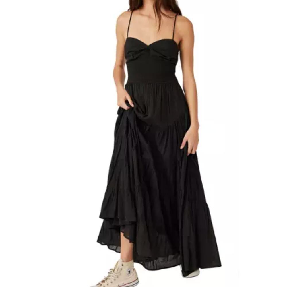 Free People Sundrenched Solid Maxi Dress Tiered Sleeveless Black Smocked  XS